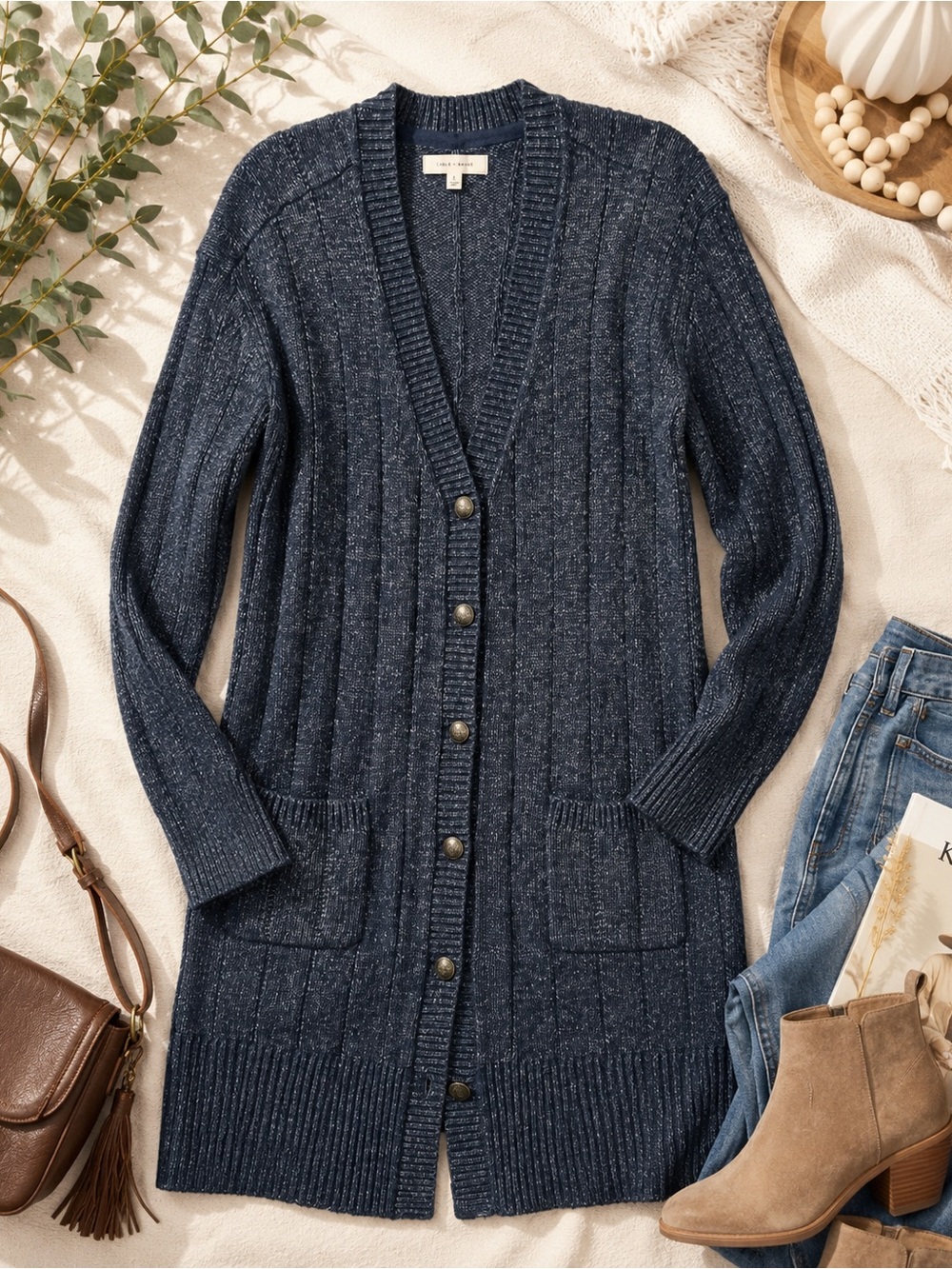 cleo Navy Speckled Ribbed Button-Up Long Cardigan - Picture 2 of 7